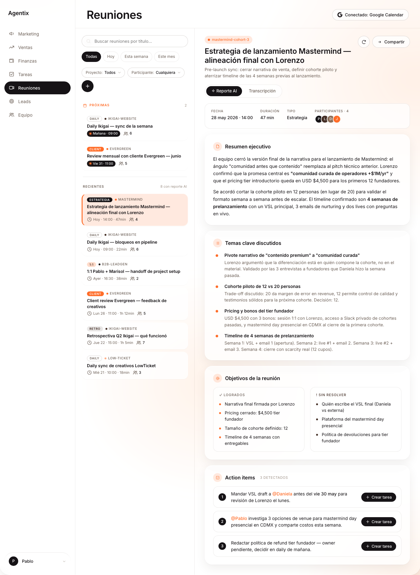 Resumen automático de una reunión con los temas y las tareas que salieron
